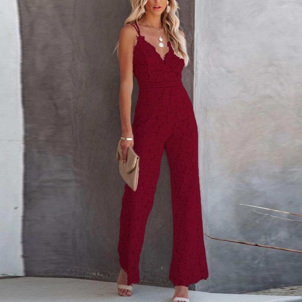 Solid Lace Jumpsuits Women Sleeveless Romper High Waist V-Neck Wide Leg Playsuits and Jumpsuit Women bodysuit Combinaison femme.