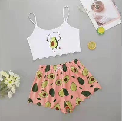 Heiße Damen-Nachtwäsche, süßer Cartoon-Druck, kurzes Set, Pyjama für Damen, Pyjama-Set, süßes Kurzarm-V-Ausschnitt und Shorts, Sommer-Pyjama