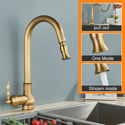 Antique Brass Kitchen Sink Faucet Pull Down Swivel Spout Kitchen Deck Mounted Bathroom Hot and Cold Water Mixers Tap