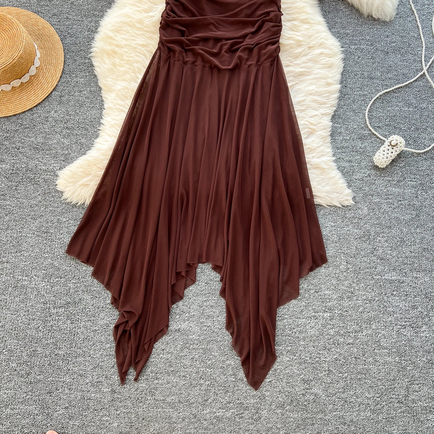 Summer Strapless Asymmetric Tunic Pleated Midi Dress For Women Sleeveless Empire Mesh Dress.