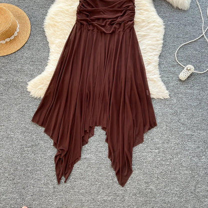 Summer Strapless Asymmetric Tunic Pleated Midi Dress For Women Sleeveless Empire Mesh Dress.