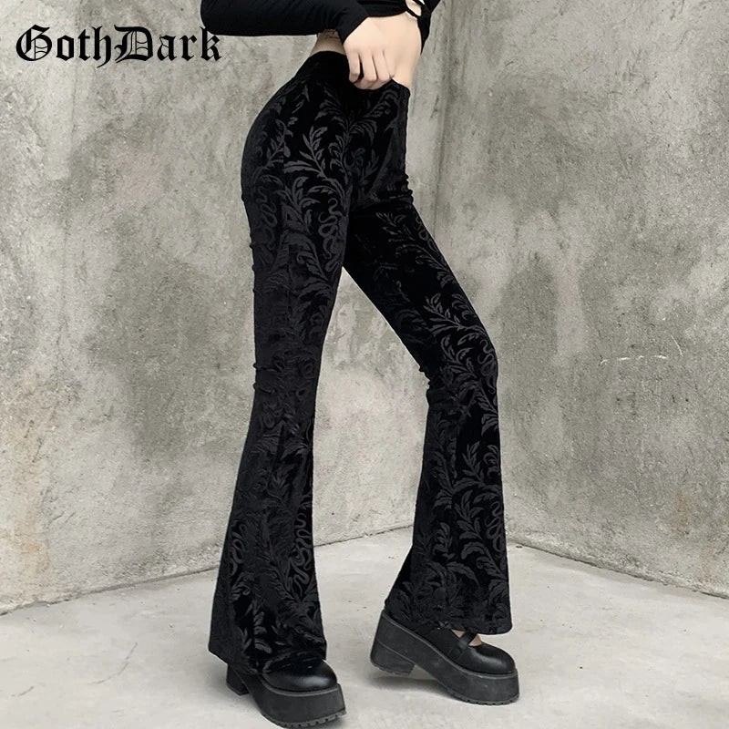 Goth Dark Vintage Floral Scratched Mall Gothic Pants Velvet High Waist Skinny Flare Trousers for Women Streetwear Cyber Y2K Pant.