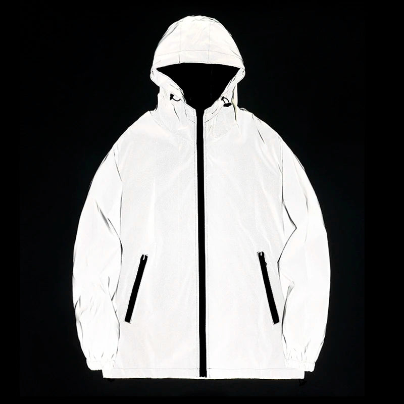 NEW SIZE Night Reflective Jackets Double Fabric Windbreaker Hooded Jacket Men Hip Hop Dancer Waterproof Zipper Coats Outwear.