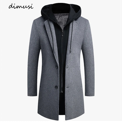 DIMUSI Winter Men's Hooded Wool Jackets Casual Middle Long Scarf Collar Cotton Thick Woolen Coat Male Luxurious Trench Clothing.