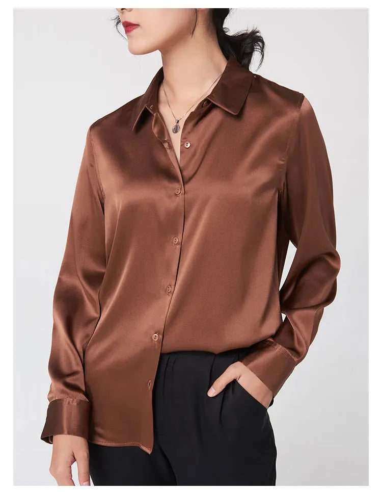 Woman Silk Shirt Long-sleeved Satin Women Blouse 19mm Mulberry Silk Blouse Loose Versatile Base Shirt 95% Natural Silk+5%Spandex.