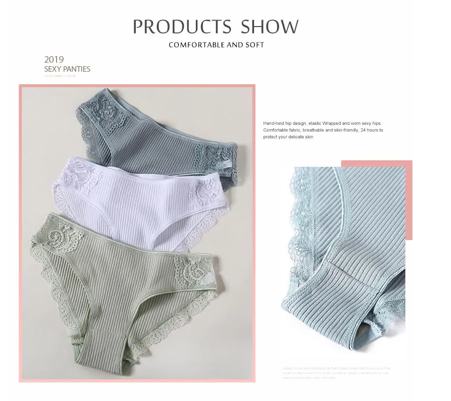 FINETOO 3Pcs/set Women Cotton Panties M-2XL Low-Rise Underwear Trendy Patchwork Lace Briefs Female Soft Underpants Lingerie 2022.