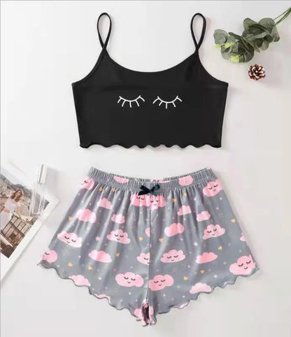 Heiße Damen-Nachtwäsche, süßer Cartoon-Druck, kurzes Set, Pyjama für Damen, Pyjama-Set, süßes Kurzarm-V-Ausschnitt und Shorts, Sommer-Pyjama.