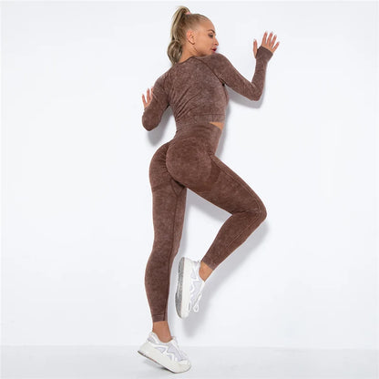 Women Seamless Yoga Set Fitness Sports Suits Gym Clothing Long Sleeve Crop Top Shirts High Waist Running Leggings Workout Pants.
