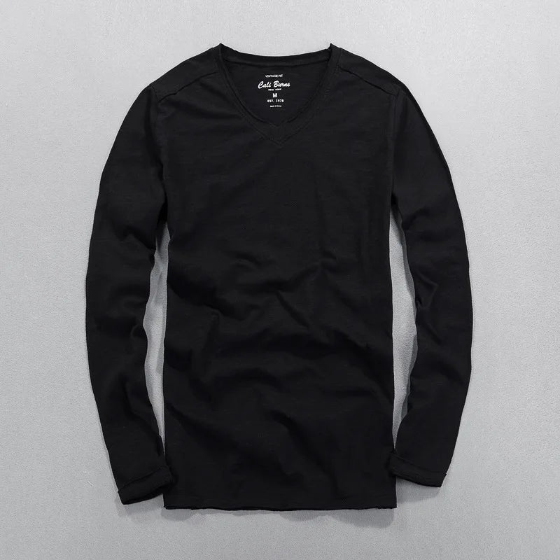 Fashionable Bamboo Cotton Long Sleeve Vintage T-shirts Men Casual Thin Tops Tees Comfortable Tshirt Distressed T-shirt