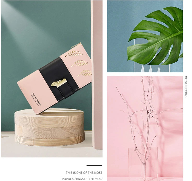 Hollow Leaves PU Leather Women's Long Wallet Fashion Female Coin Purses Hasp Zipper Clutch ID Credit Card Holders Money Bag Clip.