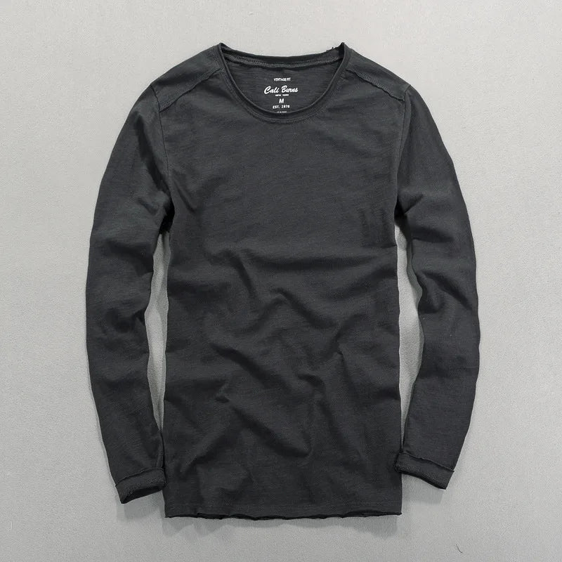 Fashionable Bamboo Cotton Long Sleeve Vintage T-shirts Men Casual Thin Tops Tees Comfortable Tshirt Distressed T-shirt