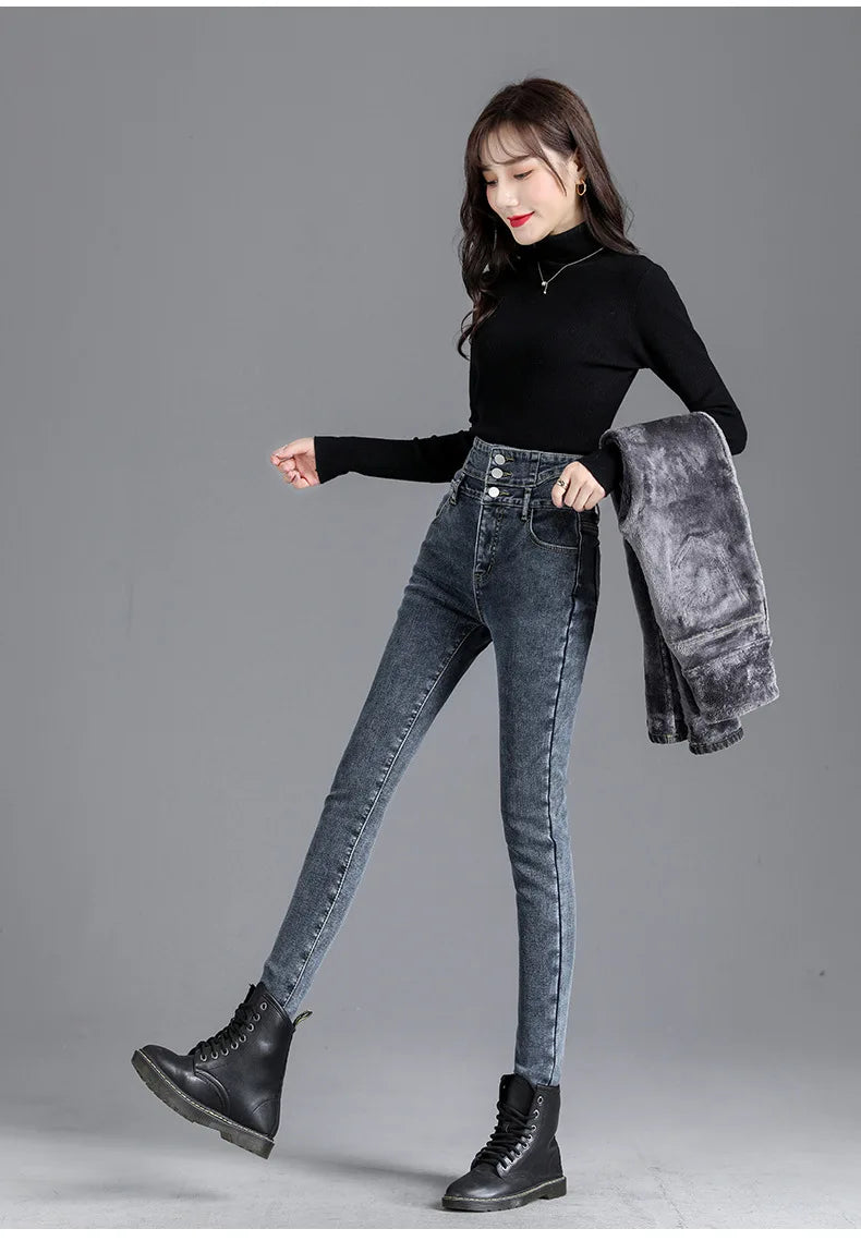 Thermische Winter Dicke Fleece High-taille Warme Dünne Jeans Dicke Frauen Stretch Taste Bleistift Hosen Mom Casual Samt Jeans.