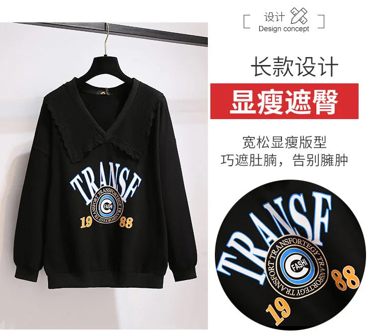 150Kg Plus Größe frauen Herbst Faul Stil Puppe Kragen Sweatshirts Fehlschlag 157cm 6XL 7XL 8XL 9XL 10XL lose Dünnen Langen Ärmeln Top.