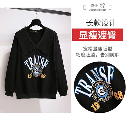 150Kg Plus Größe frauen Herbst Faul Stil Puppe Kragen Sweatshirts Fehlschlag 157cm 6XL 7XL 8XL 9XL 10XL lose Dünnen Langen Ärmeln Top.