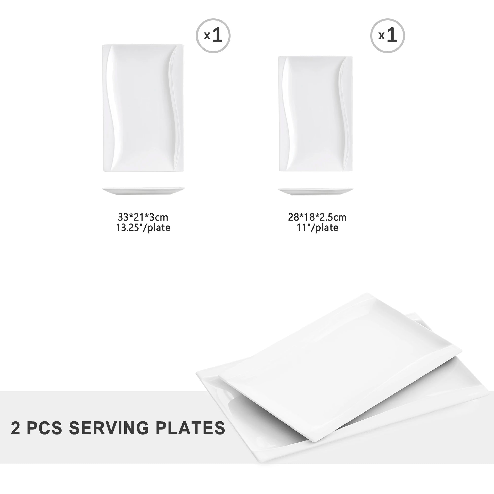 MALACASA Carina 2-Piece Ivory White Porcelain Dinner Plate Set Tableware Fruit Snack Dishes with 11" & 13.25" Rectangular Plate.
