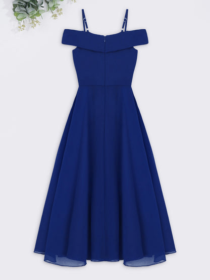 Elegantes Chiffon-Partykleid für Mädchen, schulterfrei, verstellbarer Spaghettiträger, bodenlanges Maxikleid für Hochzeit, Geburtstag, Abend