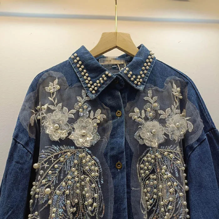 CS0582 New 2025 European Spring Fashion Lace Beading Patch Vintage Jeans Blouse Long Sleeve Denim Women's Shirt Tops Wholesale.