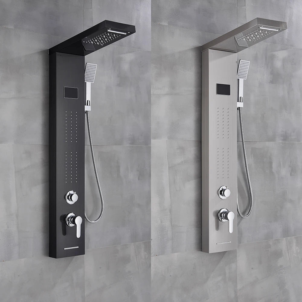 Bathroom LED Light Rain Waterfall Shower Panel Faucet Body Massage Jets Shower Faucet Stainless Steel Tub Spout Shower Column