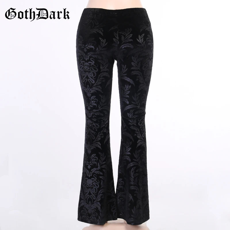 Goth Dark Vintage Floral Scratched Mall Gothic Pants Velvet High Waist Skinny Flare Trousers for Women Streetwear Cyber Y2K Pant