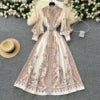 2025 Spring Vintage Stand Collar Tunic Casual Midi Dress For Women Lantern Sleeve Empire Printed Lace Dress.