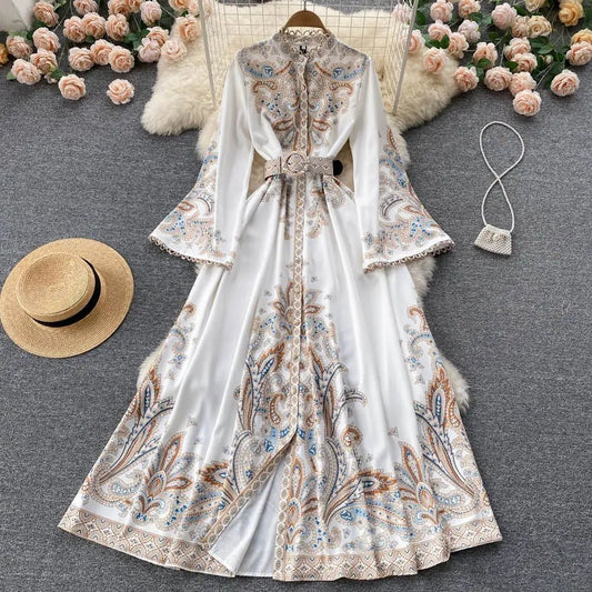 Fall Vintage Stand Collar Casual Midi Dress For Women Flare Sleeve Empire Printed Lace Dress.