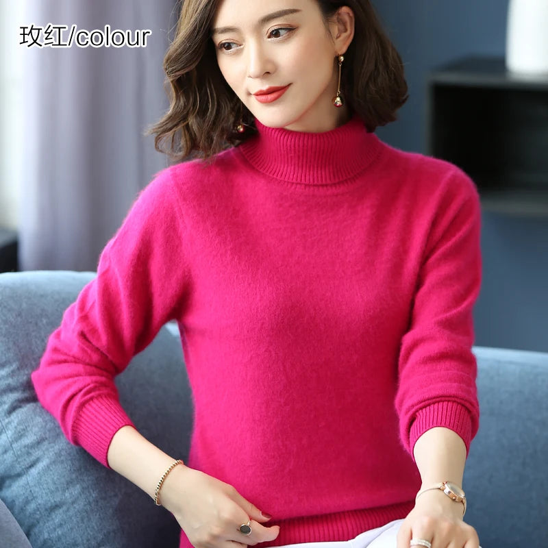 Herbst Winter 100% Nerz Kaschmir Pullover Frauen Strickwaren Pullover Dicke Warme Einfarbig Plus Größe Basis Hohe Revers Kleidung Tops