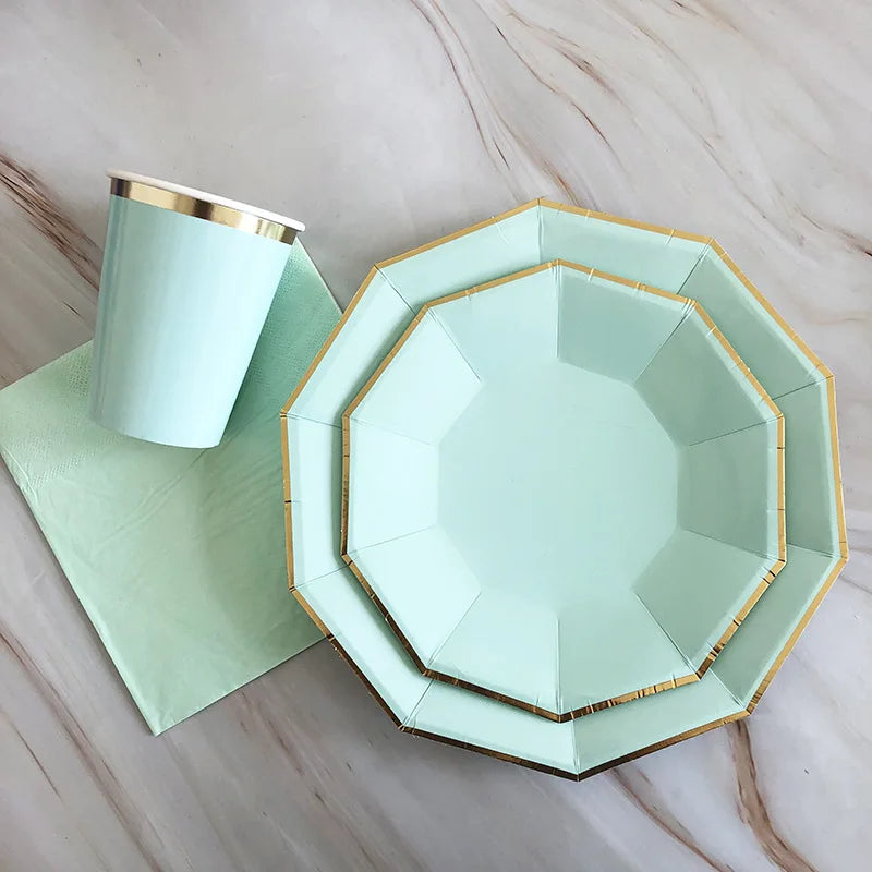 40pcs/set Yellow Green Pink Blue Paper Plates Cups Disposable Tableware Set for Wedding Birthday Party Baby Shower Supplies