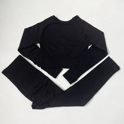 High Waist Elastic Seamless Yoga Wear Women Fitness Clothes Gym Clothing Workout Set Long Sleeve Crop Top Leggings Sports Suit