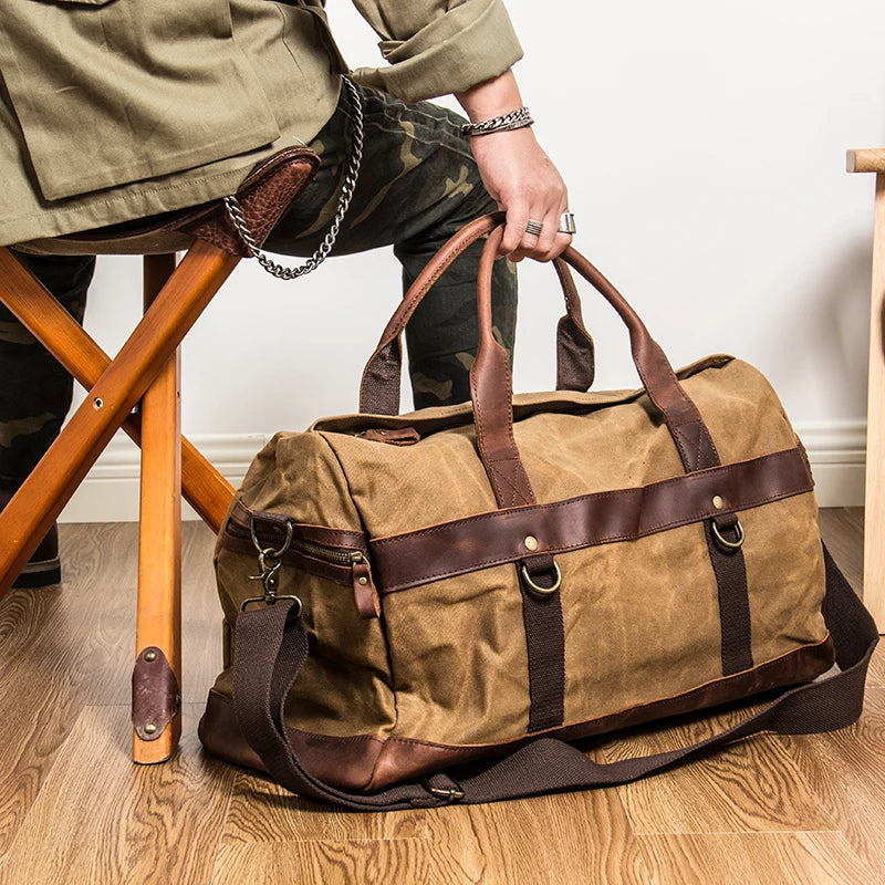 Wasserdichte gewachste Canvas Leder Herren Reisetasche Handgepäcktasche Handgepäck Große Tragetasche Vintage Herren Duffle Wochenendtasche große Übernachtung.