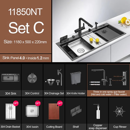 ASRAS New Nanometer Large Size Single Cup Rinser Kitchen Sink 4mm Thickness 220mm Depth With Drain Plate Knife Holder Sinks