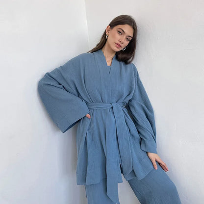 NHKDSASA Kimono Pajamas 2023 New 100% Cotton Crepe Long-Sleeved Trousers Ladies Sleepwear Suit Women's Home Service Mujer.