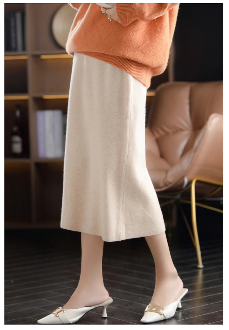 2024 Autumn Winter New 100%Pure Wool Knit Long Skirt Women Casual Thick Korean High Waist Pack Hip Cashmere Wild A-Line Skirt.