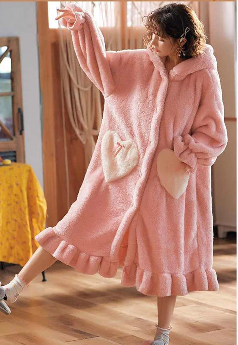 Winter Flannel Pajamas Set For Women Animal Thick Warm Sleepwear Hooded Nightgown With Pants Loose Pyjamas Suit Homewear Clothes.