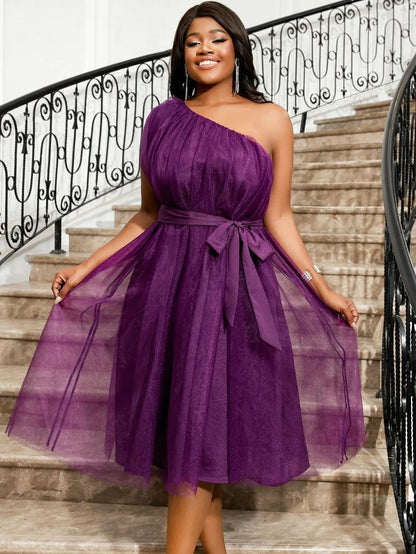 AM040201 African Plus Size Single Shoulder Sleeveless High Waist Skirt Light Mature Elegant Mesh Dress Purple Midi Dress.