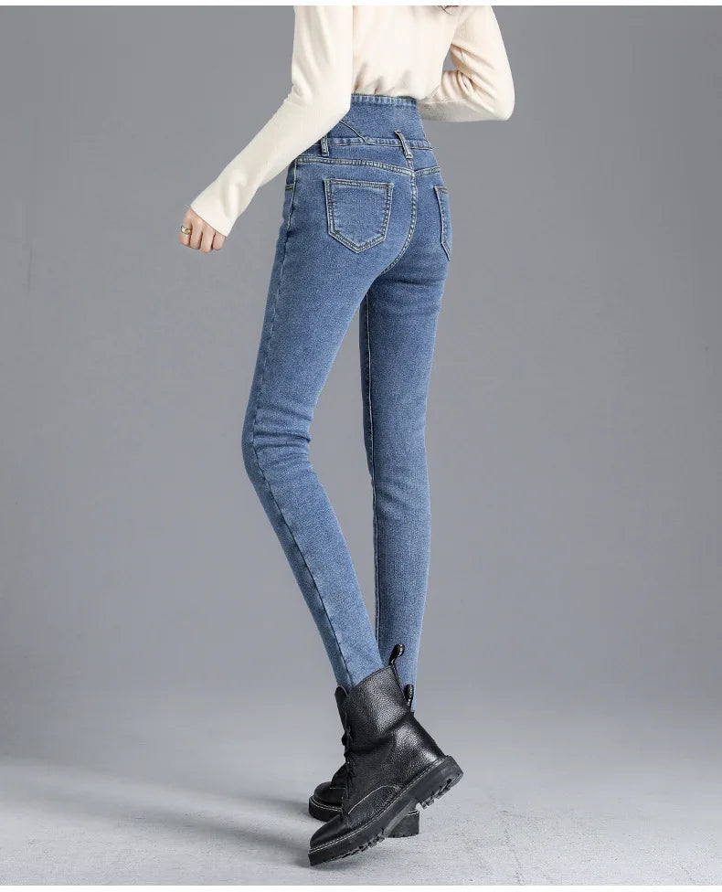 Thermische Winter Dicke Fleece High-taille Warme Dünne Jeans Dicke Frauen Stretch Taste Bleistift Hosen Mom Casual Samt Jeans
