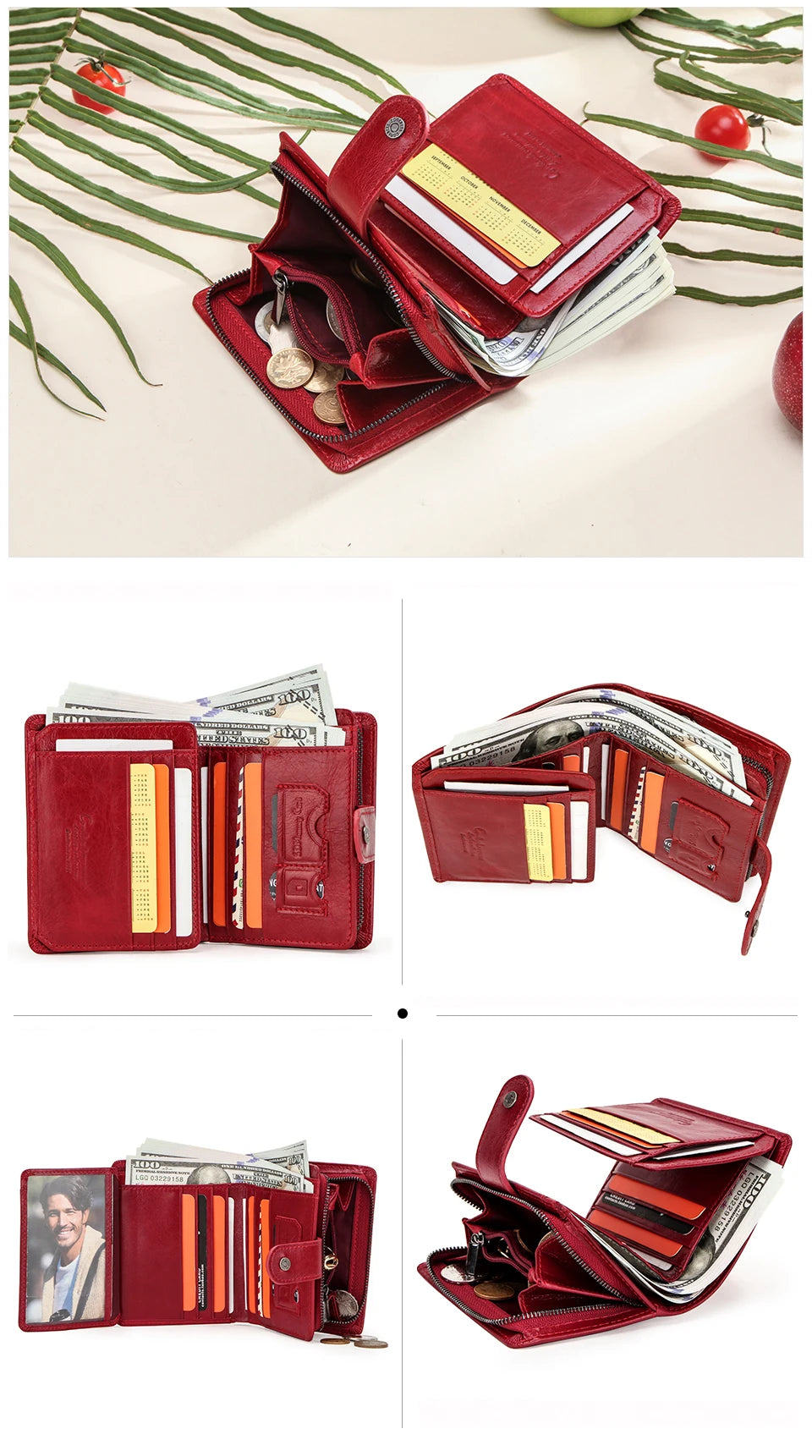 Contact'S Genuine Leather Wallets Women Men Wallet Short Small RFID Blocking Card Holder Wallets Ladies Red Coin Purse.