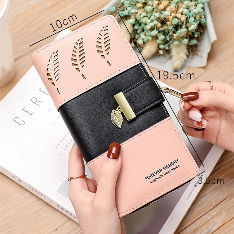 Hollow Leaves PU Leather Women's Long Wallet Fashion Female Coin Purses Hasp Zipper Clutch ID Credit Card Holders Money Bag Clip.