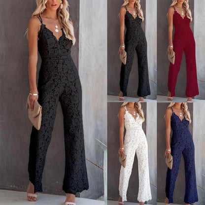 Solid Lace Jumpsuits Women Sleeveless Romper High Waist V-Neck Wide Leg Playsuits and Jumpsuit Women bodysuit Combinaison femme.