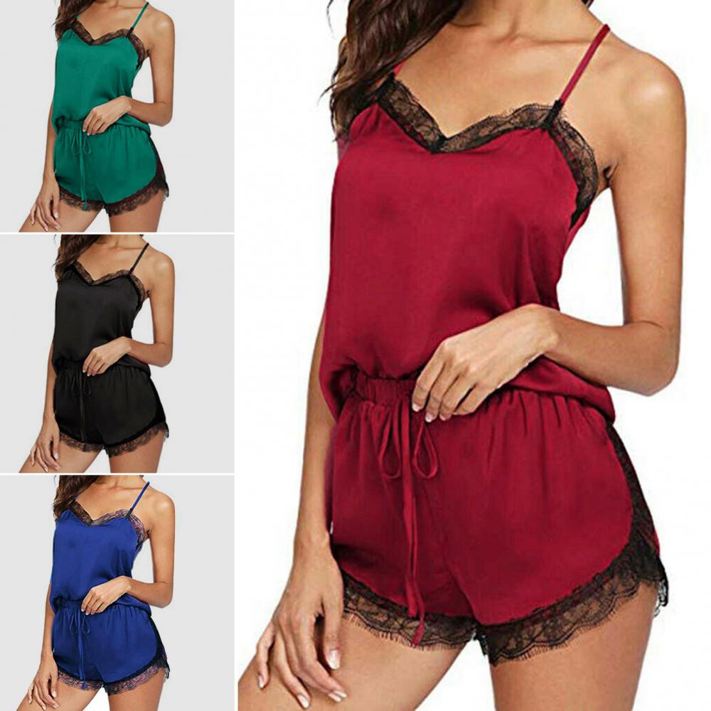Heißer verkauf damen sommer sexy seide spitze einfarbig pyjamas leibchen top shorts haut-freundliche hause unterwäsche pyjamas set einzelhandel.