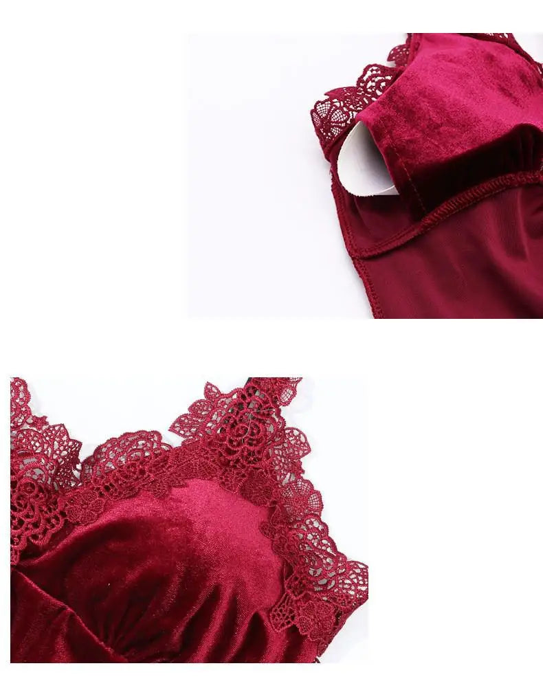 Autumn Velvet Women 4PCS Pajamas Set Sleepwear Burgundy Velour Bathrobe Nightwear Lace Patchwork Pijamas Suit Sexy Negligee.