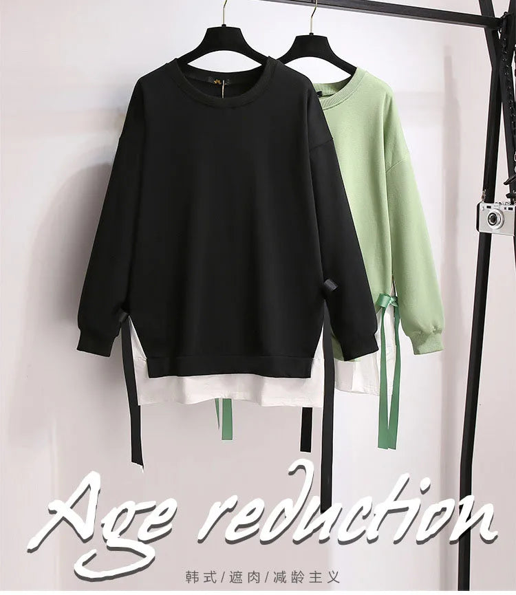 150Kg Plus Größe frauen Herbst Lose Oansatz Sweatshirts Fehlschlag 157cm 6XL 7XL 8XL 9XL 10XL Beiläufige Lange-ärmeln Gefälschte Zwei-stück Top.