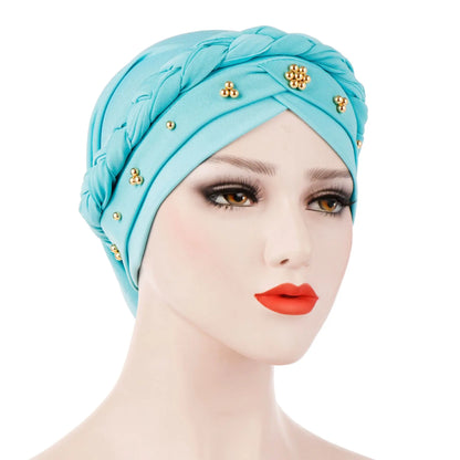 KepaHoo Women Hair Care Islamic Jersey Head Scarf Milk Silk Muslim Hijab Beads Braid Wrap Stretch Turban Hat Chemo Cap Head Wrap.