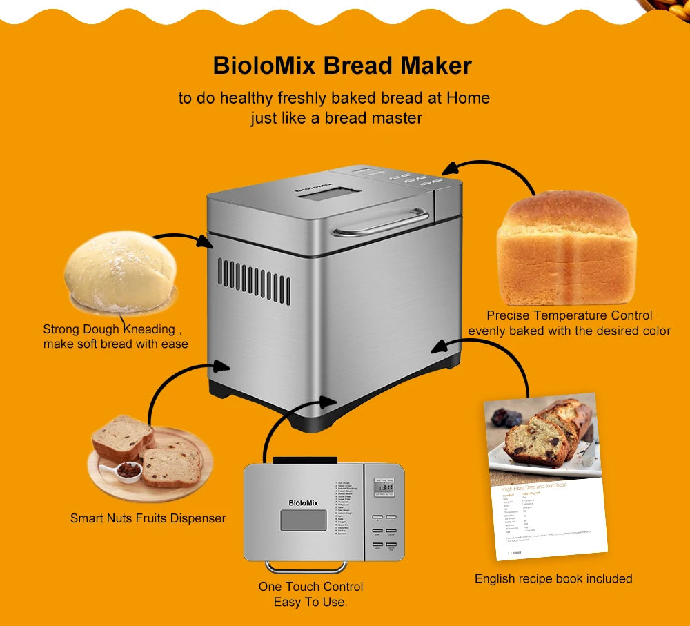 Biolomix Stainless Steel 1KG 19-in-1 Automatic Bread Maker 650W Programmable Bread Machine with 3 Loaf Sizes Fruit Nut Dispenser.