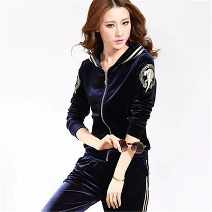 Korean Print Velvet 2 Piece Set Casual Hooded Women Outfit Harem Pant Suits Tracksuit Velour Jogging Femme Spring Fall Conjuntos