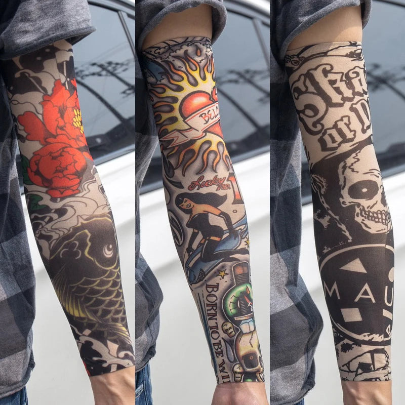 3PCS/lot new mixed 100%Nylon elastic Fake temporary tattoo sleeve skull wolf totem dragon designs body Arm stockings cool men.