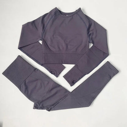 High Waist Elastic Seamless Yoga Wear Women Fitness Clothes Gym Clothing Workout Set Long Sleeve Crop Top Leggings Sports Suit