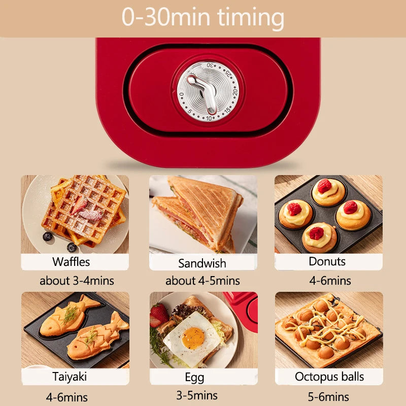 220V Electric Sandwich Maker Timed Waffle Maker Toaster Baking Multifunction Breakfast Machine takoyaki Pancake Sandwichera 600W.