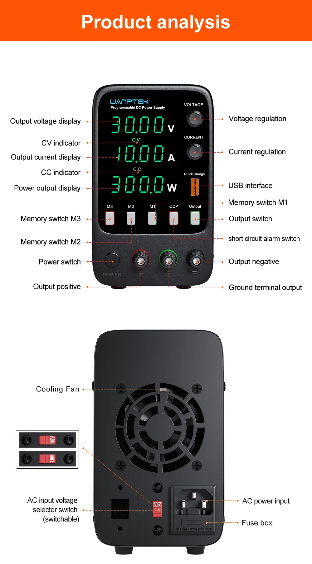 Wanptek Adjustable DC Power Supply 30V 10A LED Lab Bench Power Source Stabilized Switch Power Supply Voltage Regulator 60V 5A