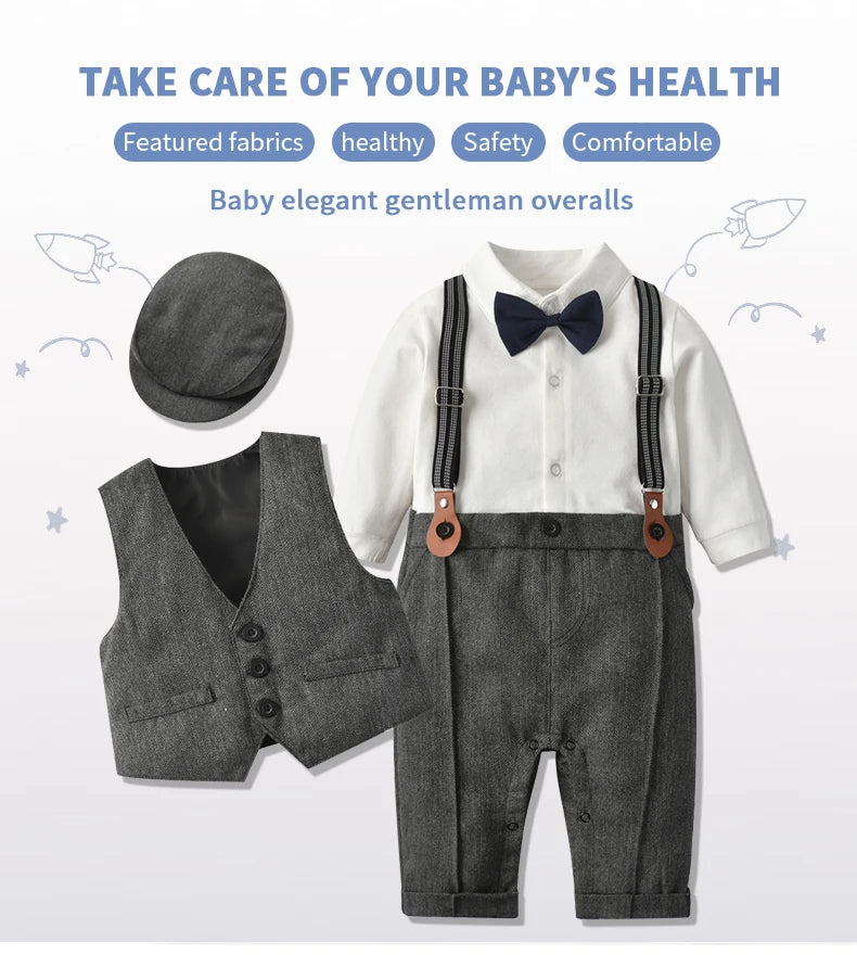 Newborn Boy Formal Clothes Set Infant Boy Gentleman Birthday Romper Outfit With Hat Vest Long Sleeve Infant Jumpsuit Suit Formal.