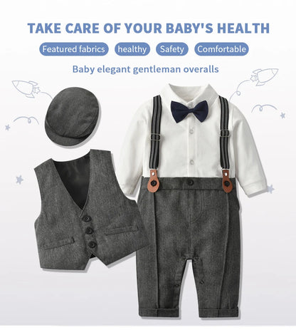 Newborn Boy Formal Clothes Set Infant Boy Gentleman Birthday Romper Outfit With Hat Vest Long Sleeve Infant Jumpsuit Suit Formal.
